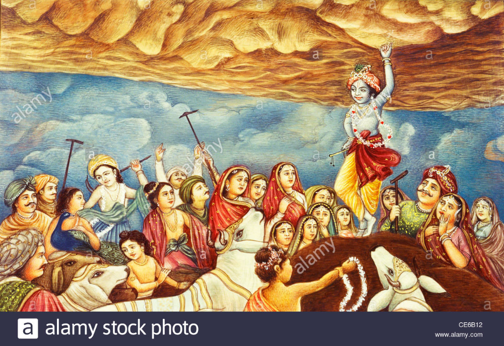 Lord Krishna lifting Govardhan parvat mountain with little one finger Vrindavan 