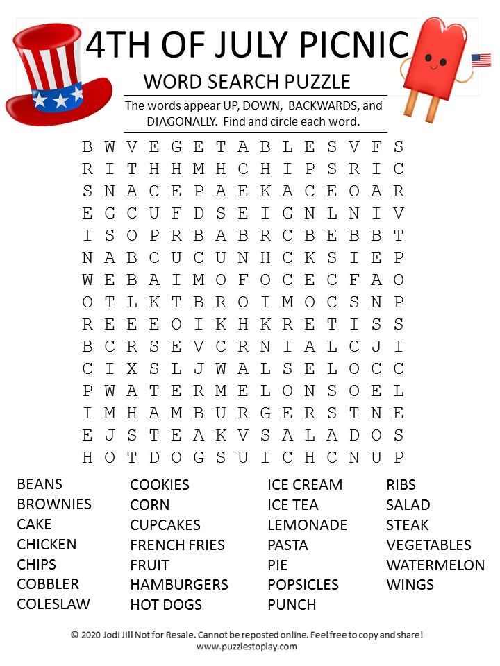 4th of July Picnic Word Search Printable Puzzle HD Wallpaper