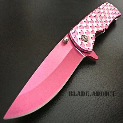 8&Quot; Ladies Pink Hearts Tactical Combat Spring Assisted Open Pocket Knife Women  |