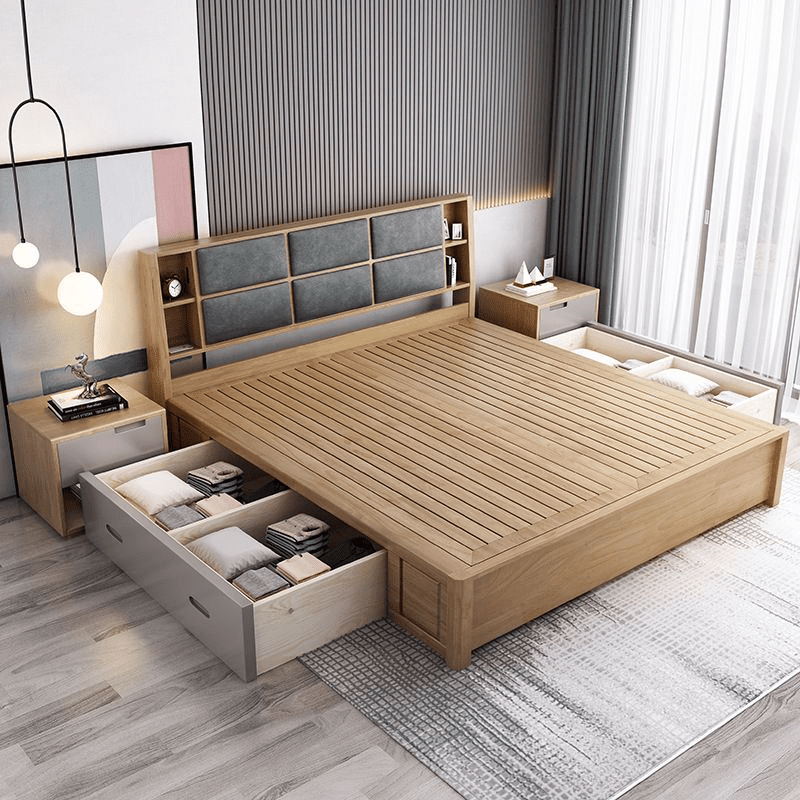 84.65 inch Wide Contemporary Bed Frame Rubberwood Bed with Storage - King Pull-O