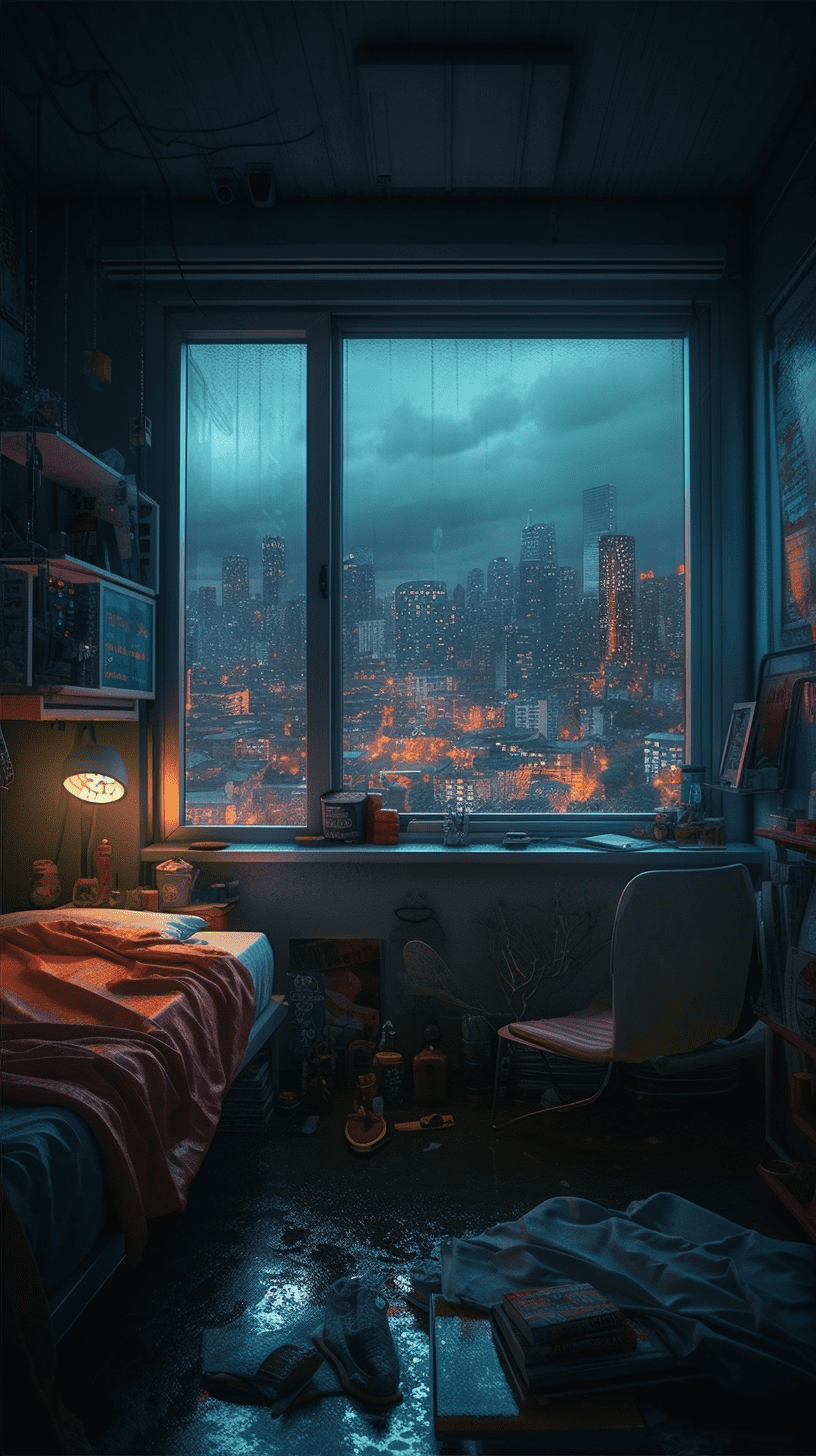 A Cyberpunk Bedroom with a Night View of the City