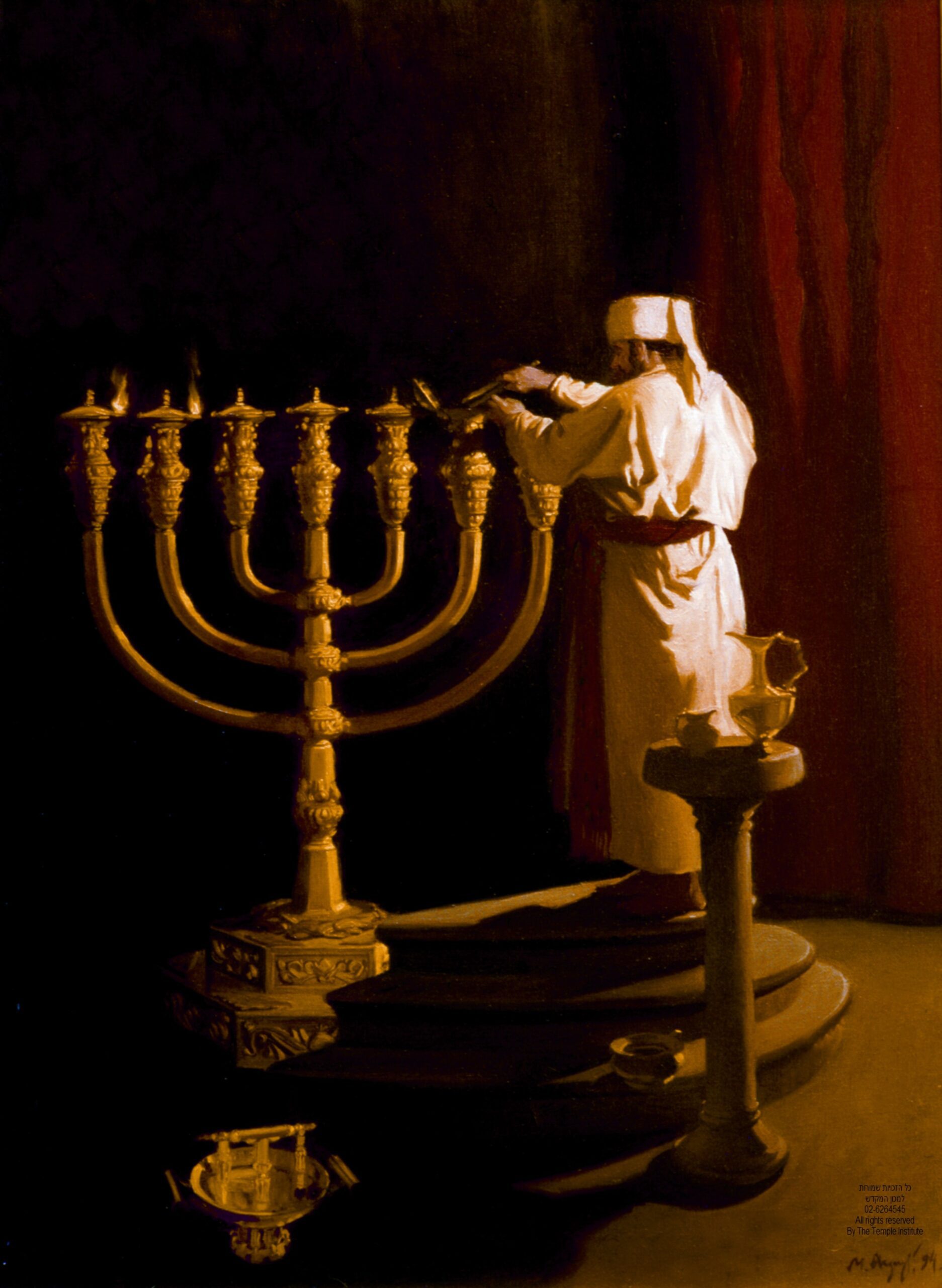 A priest lighting the lamps of the Menorah. By Temple Institute.