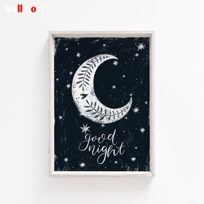 Affiche Imprimable Good Night Lune Bleu Et Blanc Impression Minimaliste Grand Format Art Mural Decor Interieur Bebe Enfant Printable
