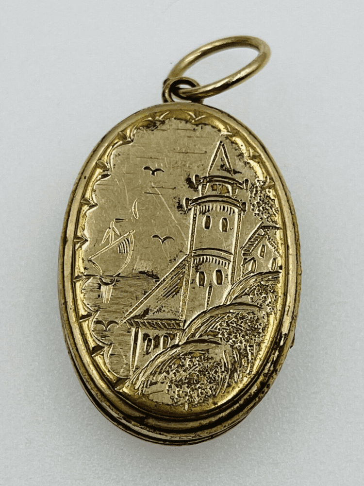 Antique Victorian Gold Filled Ornate Castle Landscape Enamel Oval Locket Pendant