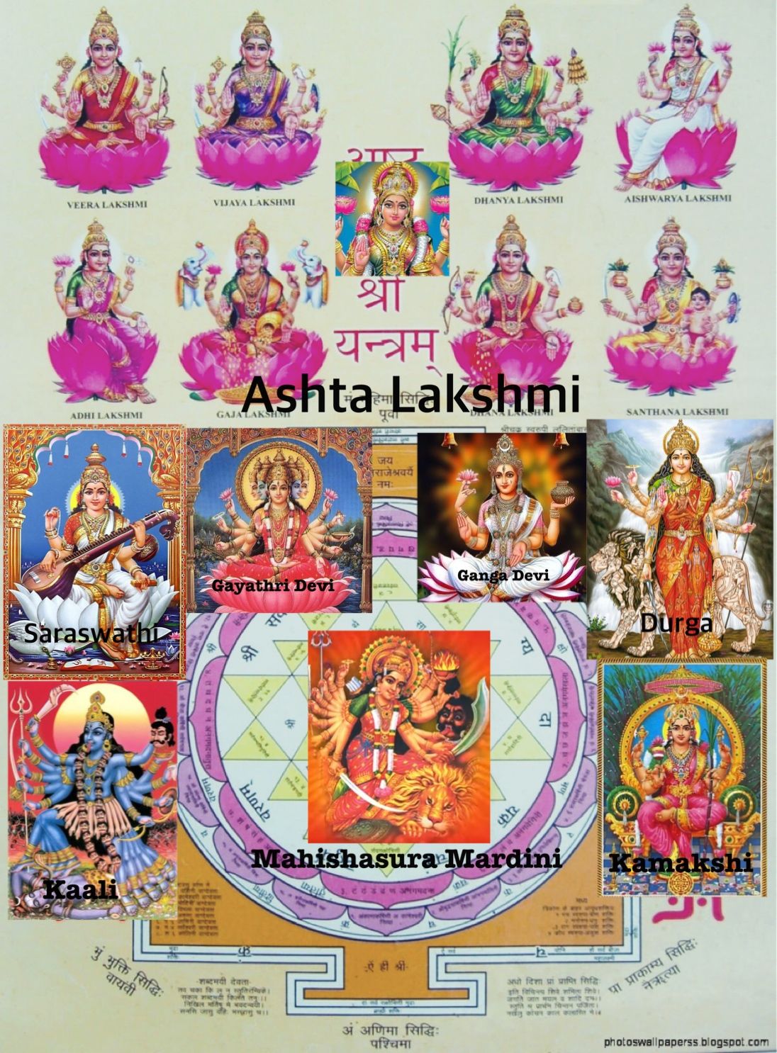 Ashtalakshmi with Mahishasura Mardini,Kamakshi,Kaali,Gayathri Devi,Saraswathi HD Wallpaper