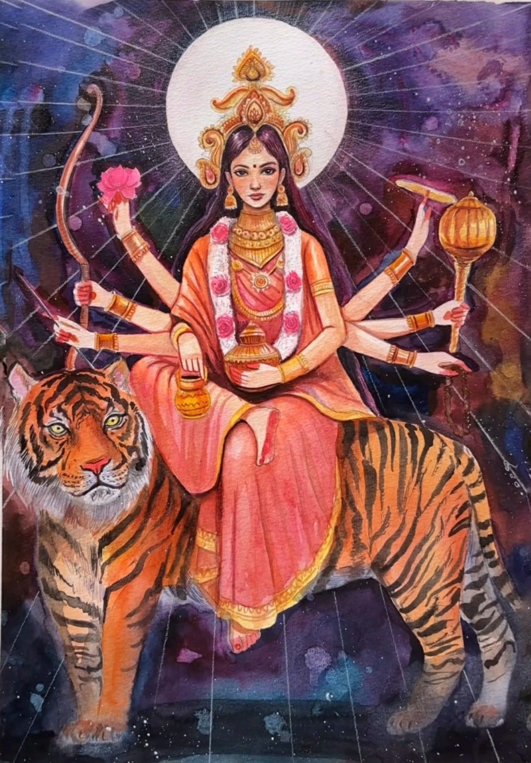 Bagheshwari Durga Indian Goddess Watercolor painting