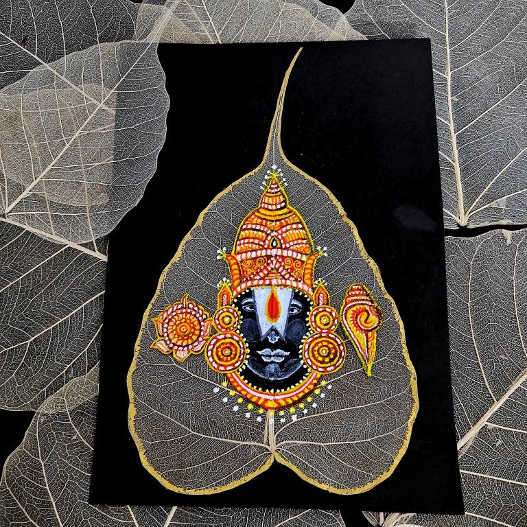 Balaji Acrylic Painting on Peepal Skeleton Leaf