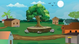 , Beautiful village cartoon background of green meadows and surrounded by HD Wallpaper