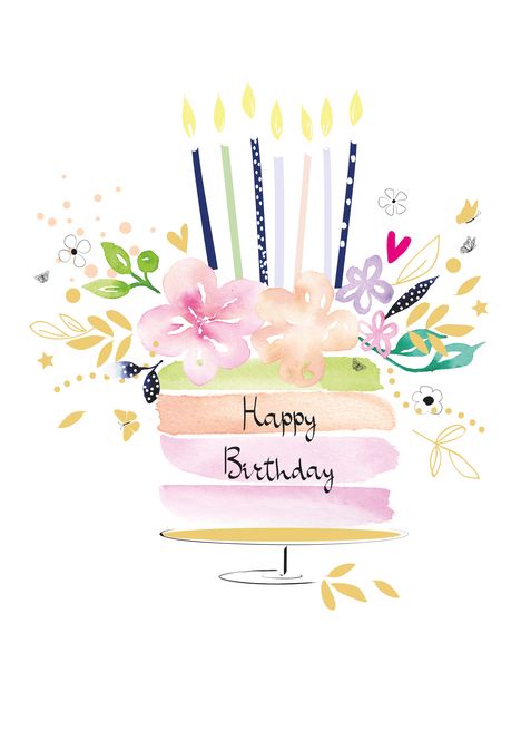 Birthday Party Cake With Pastel Watercolour Flowers And Candles Card