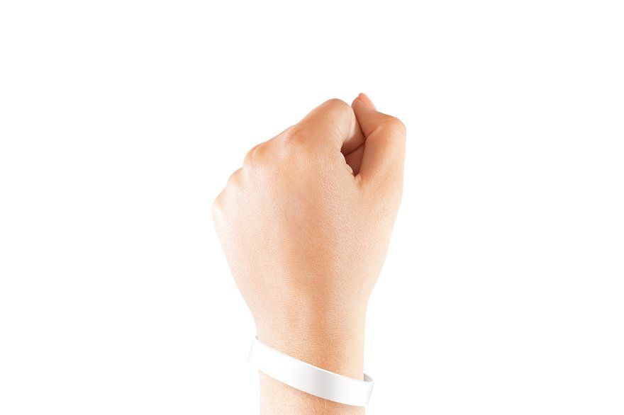 Blank white rubber wristband mockup on hand, isolated. Clear sweat band mock up 