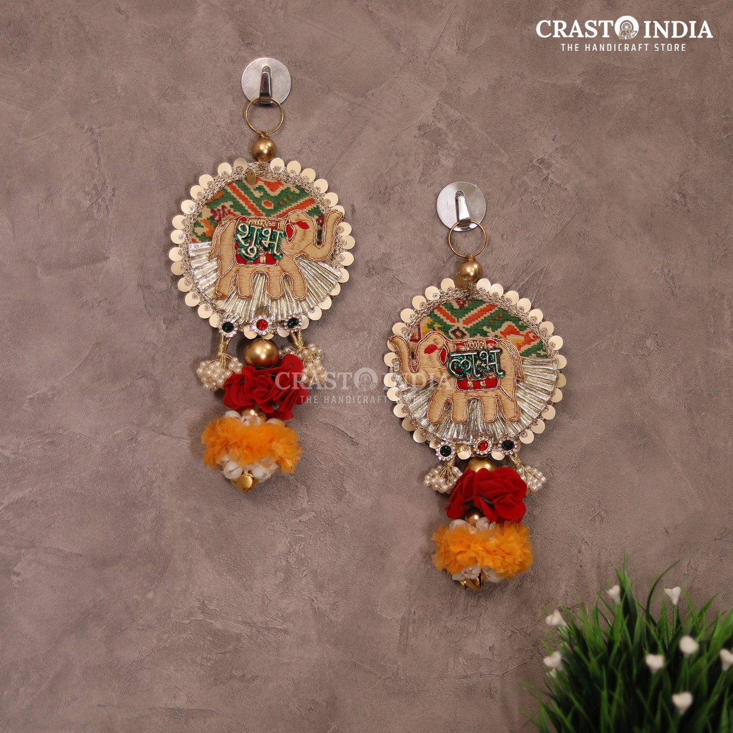 CRASTO INDIA HANDCRAFTED FESTIVE EMBROIDERED ELEPHANT PATCHWORK SHUBH LABH WITH 