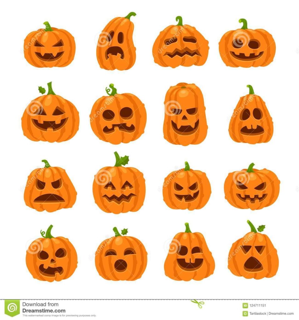 Cartoon Halloween Pumpkin Orange Pumpkins With Carving Scary Smiling Faces