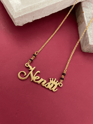 Classic Cursive Name Necklaceshort Mangalsutra With A Bird Crown