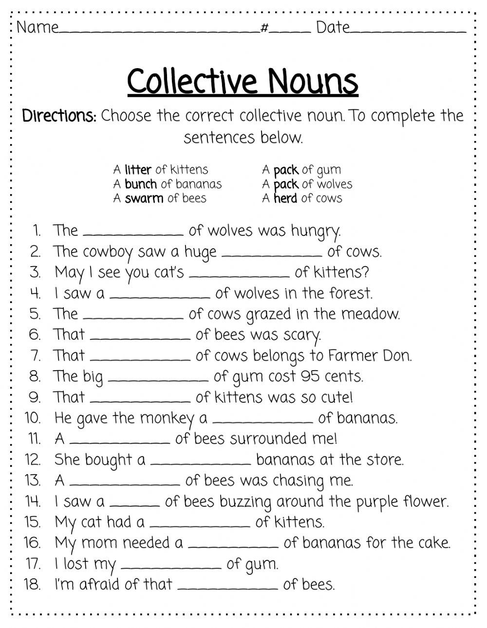 Collective Nouns activity for 2