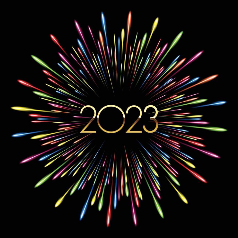 Colorful fireworks 2023 New Year vector illustration, bright on Black background