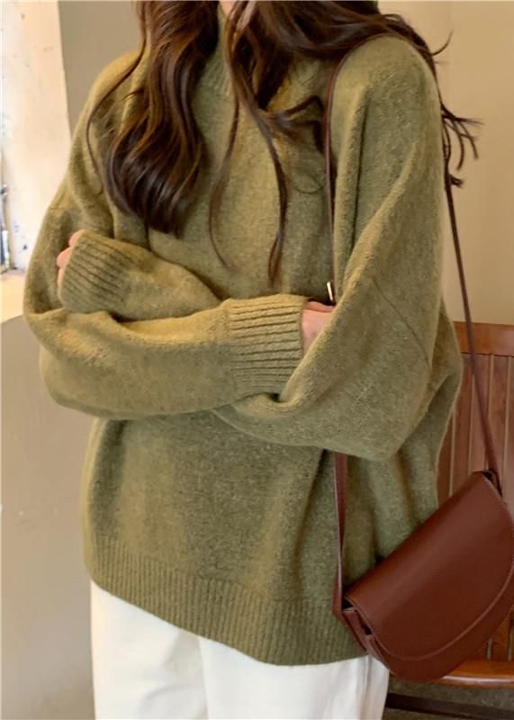 Comfy Fall Green Knit Sweat Tops Plus Size High Neck