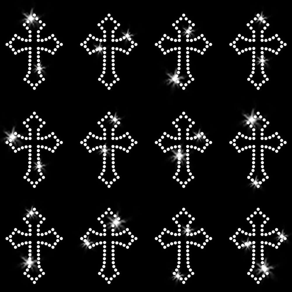 Cross Set of 12 Small Gothic Christian Catholic Sparkly Bling Iron-on Rhinestone