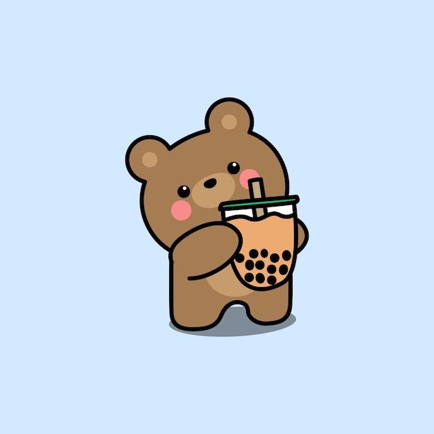 Cute bear with bubble tea cartoon, vector illustration | Download on Freepik