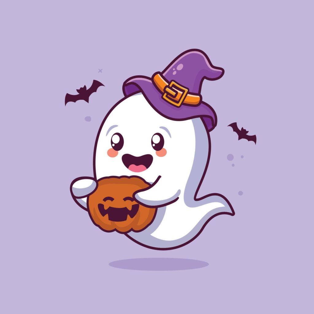 Download Cute Halloween Ghost Holding Pumpkin Cartoon Illustration For Free