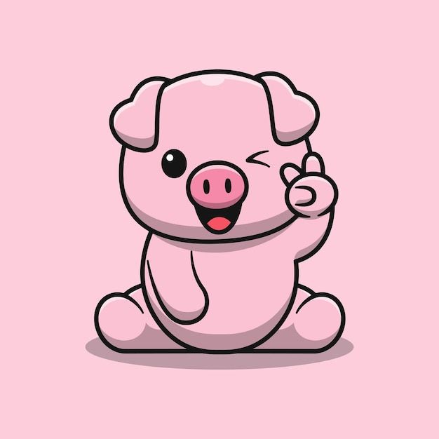 Cute Pig Is Sitting With Two Finger Cartoon Illustration