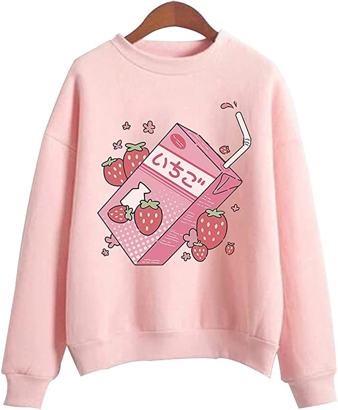 DIOMMELL Japanese Aesthetic Hoodies Strawberry Milk Cute Kawaii Sweatshirts Pull