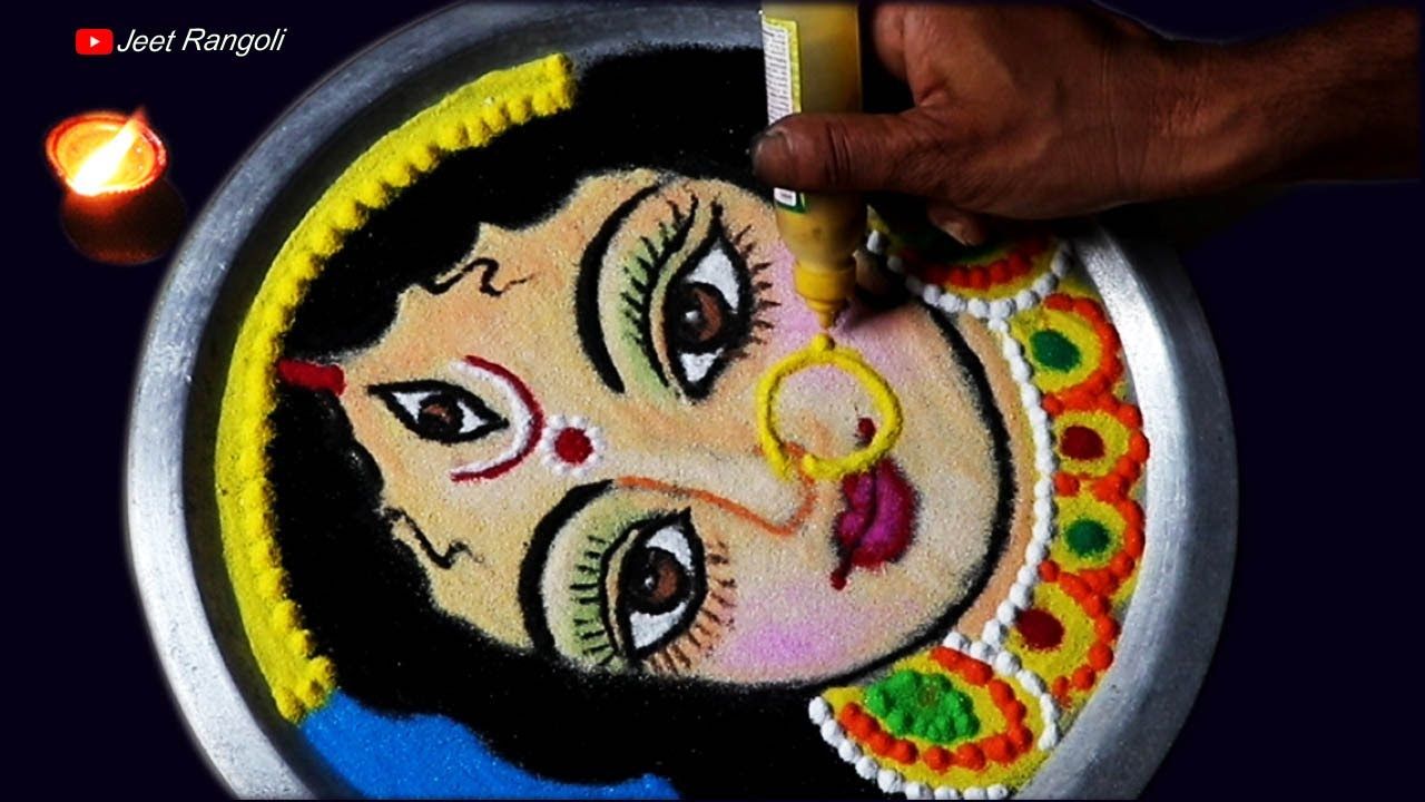 Durga maata face rangoli on plate step by step. Navratri