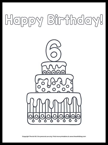 FREE: Printable Happy 6th Birthday Cake Coloring Page