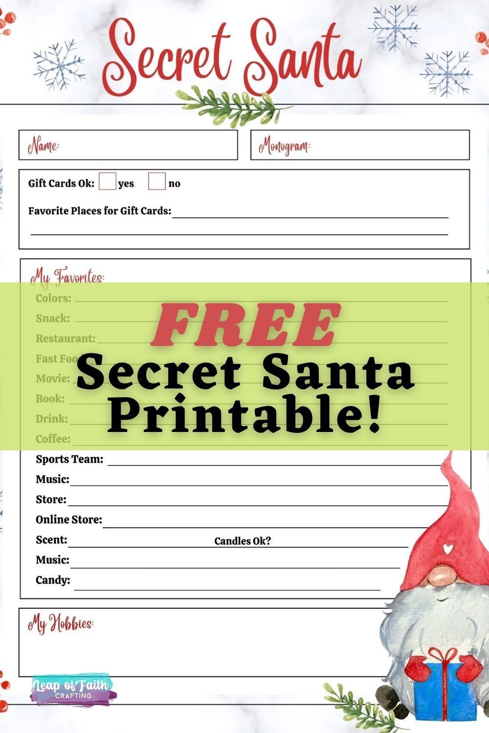 FREE Secret Santa List Printable Questionnaire:  2 Options!