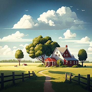 Farmhouse Village Cloudy Sunny Cartoon Background Vector, Farm House, Cartoon