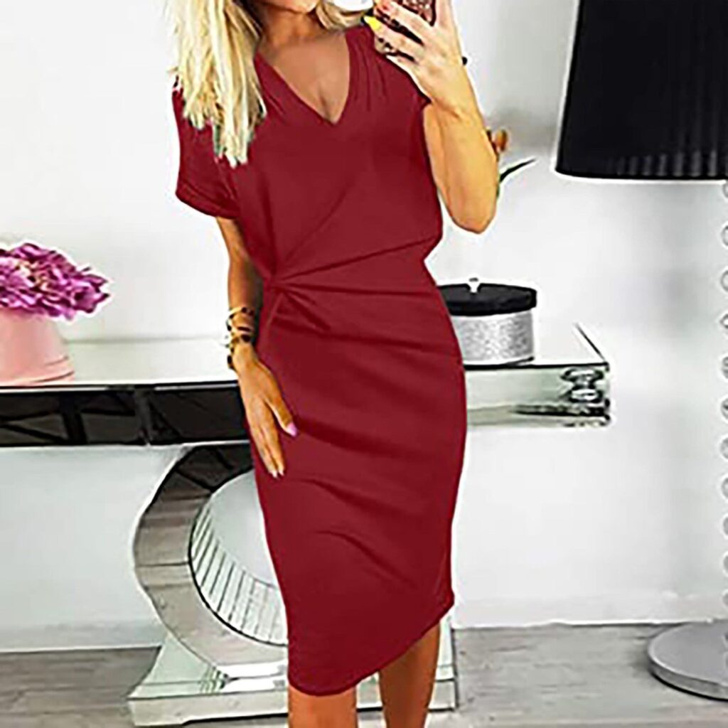 Fashion Solid Color Casual Twist V Neck Short Sleeve Skirt