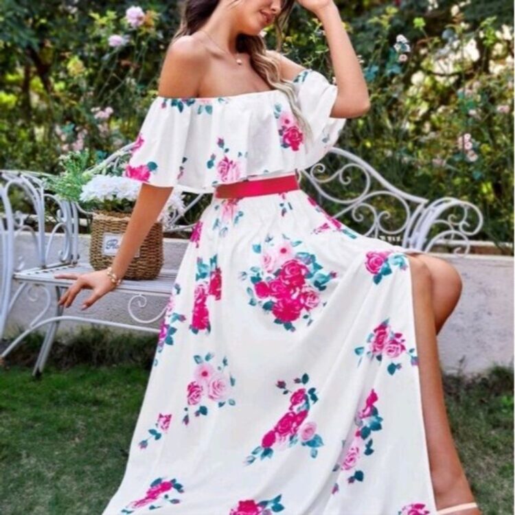 Floral Sexy Bridesmaid Maxi Dress Color Pinkwhite Size