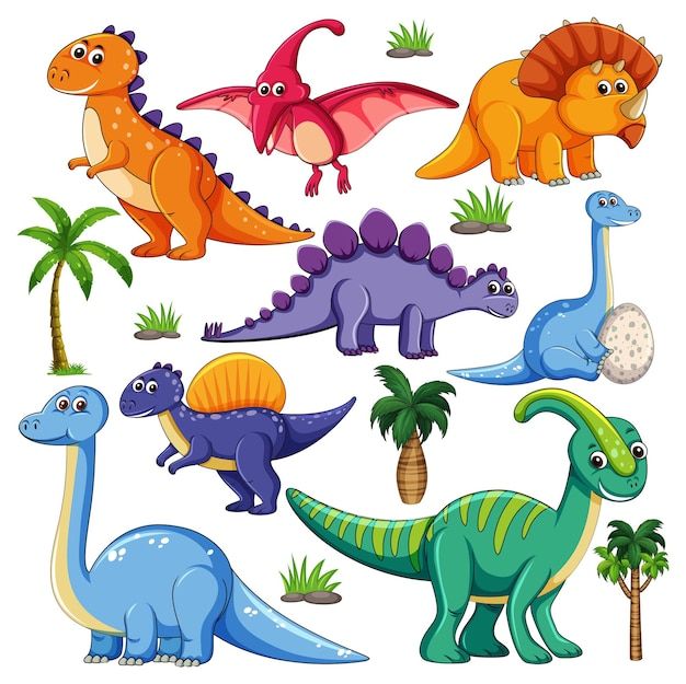 Free Vector | Set Of Isolated Various Dinosaurs Cartoon Character On White Backg