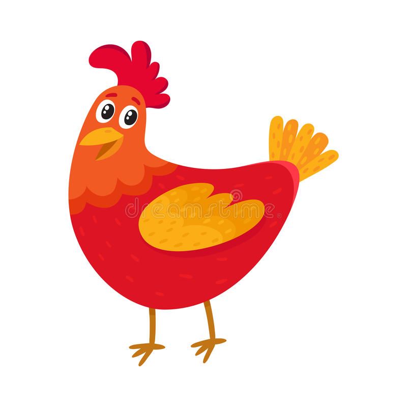 Funny Cartoon Red Chicken, Hen Standing And Smiling Happily Stock Vector - Illus