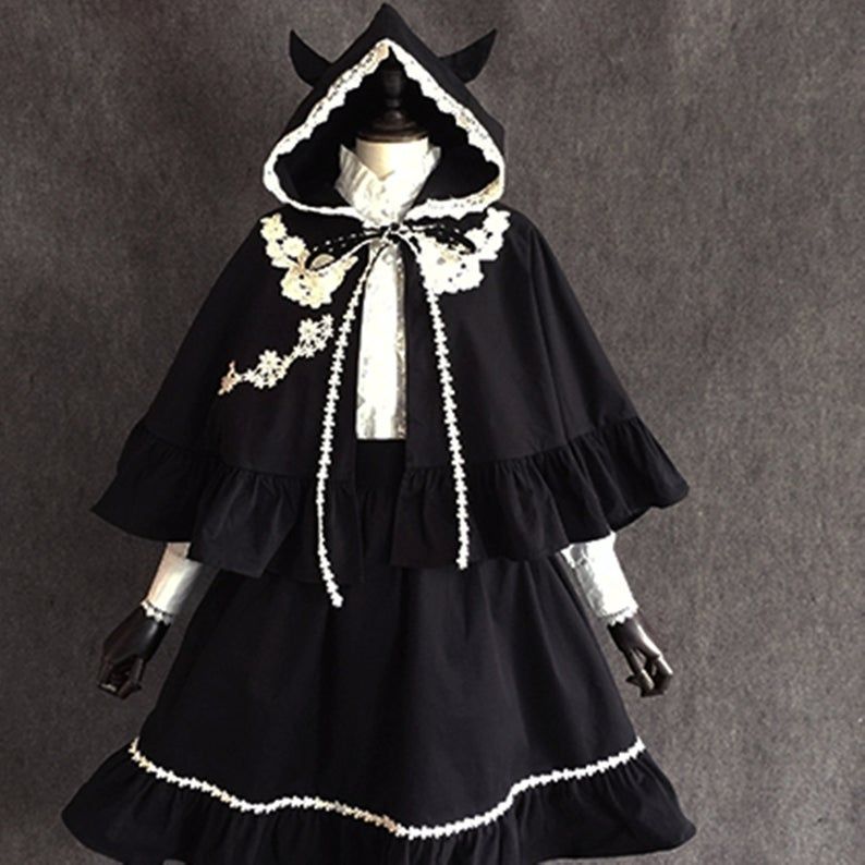 Goth Lolita Hood,Black Cotton Cape with Lace,Halloween Cape,Costume Accessory