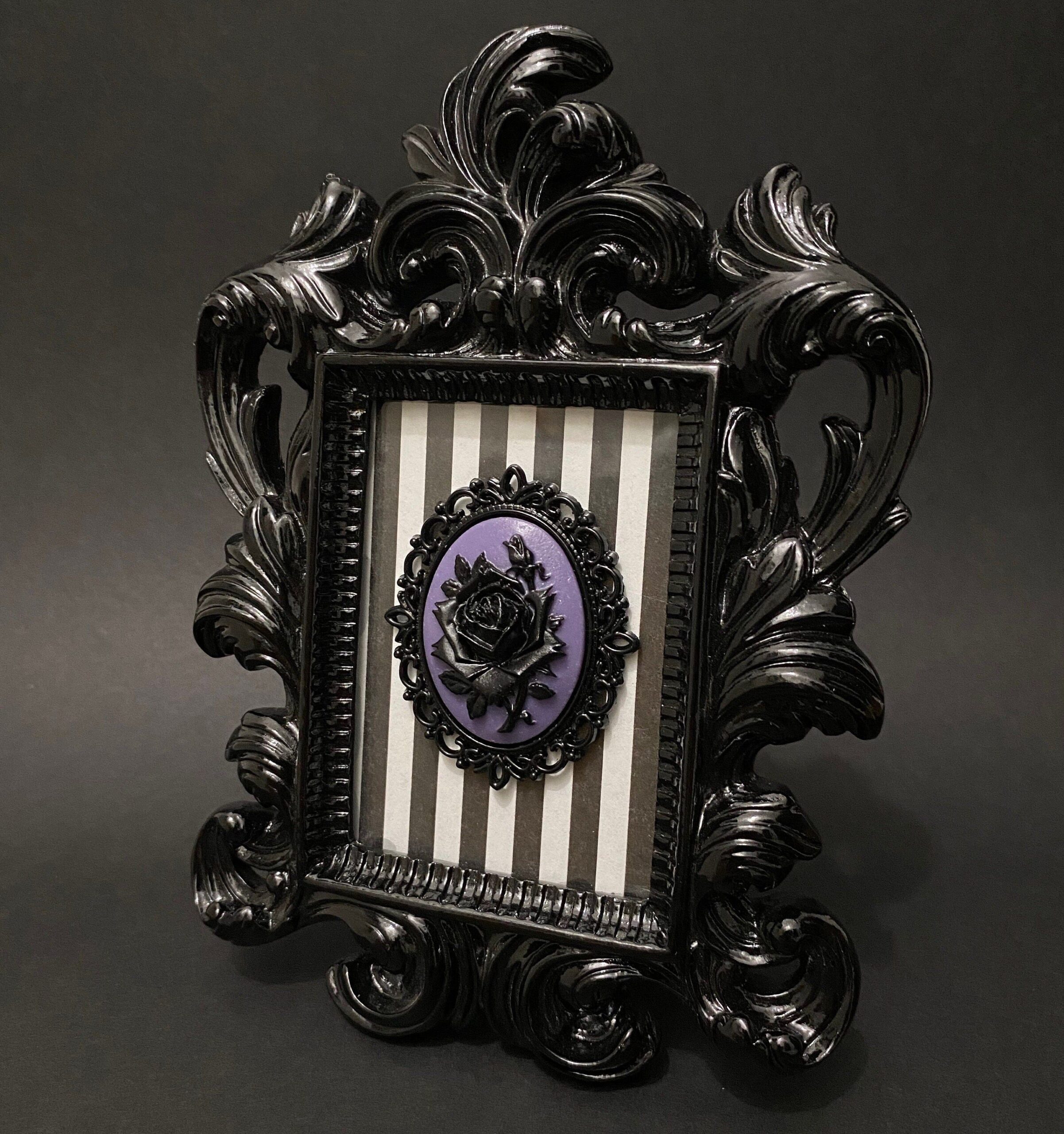 Gothic Ornate Black Frame, Gothic Pinstripes, Black Rose on Violet