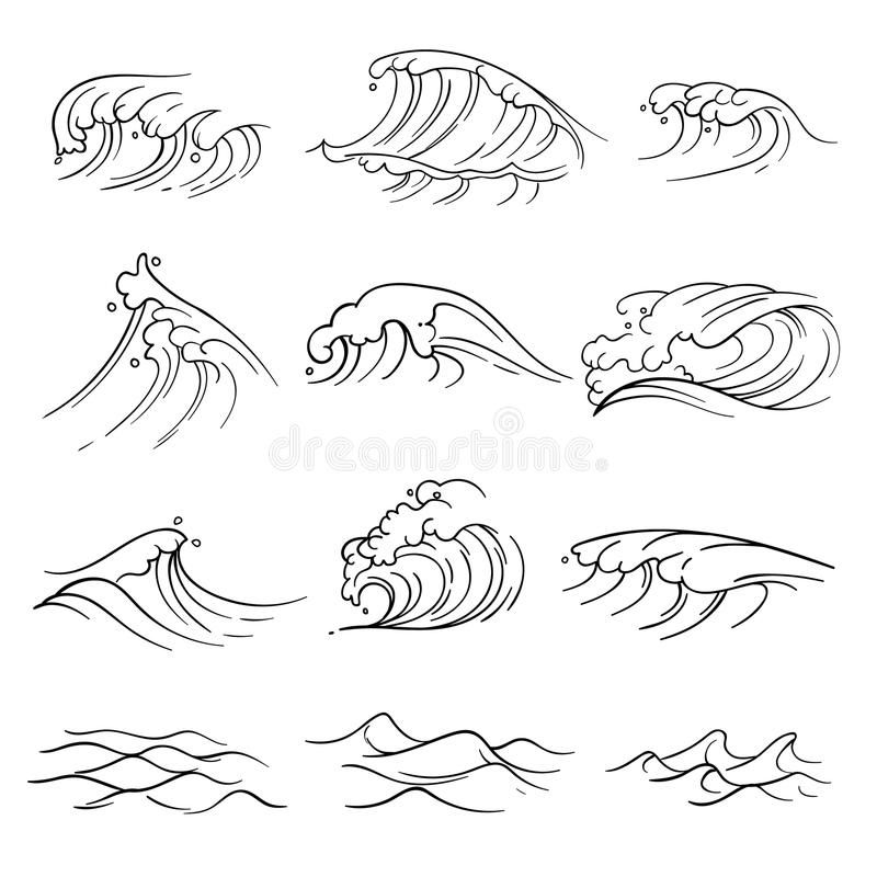 Hand Drawn Ocean Waves Vector Set Sea Storm Wave Isolated