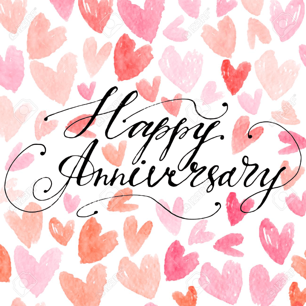 Hand drawn vector lettering. Happy Anniversary phrase by hand on bright backgrou