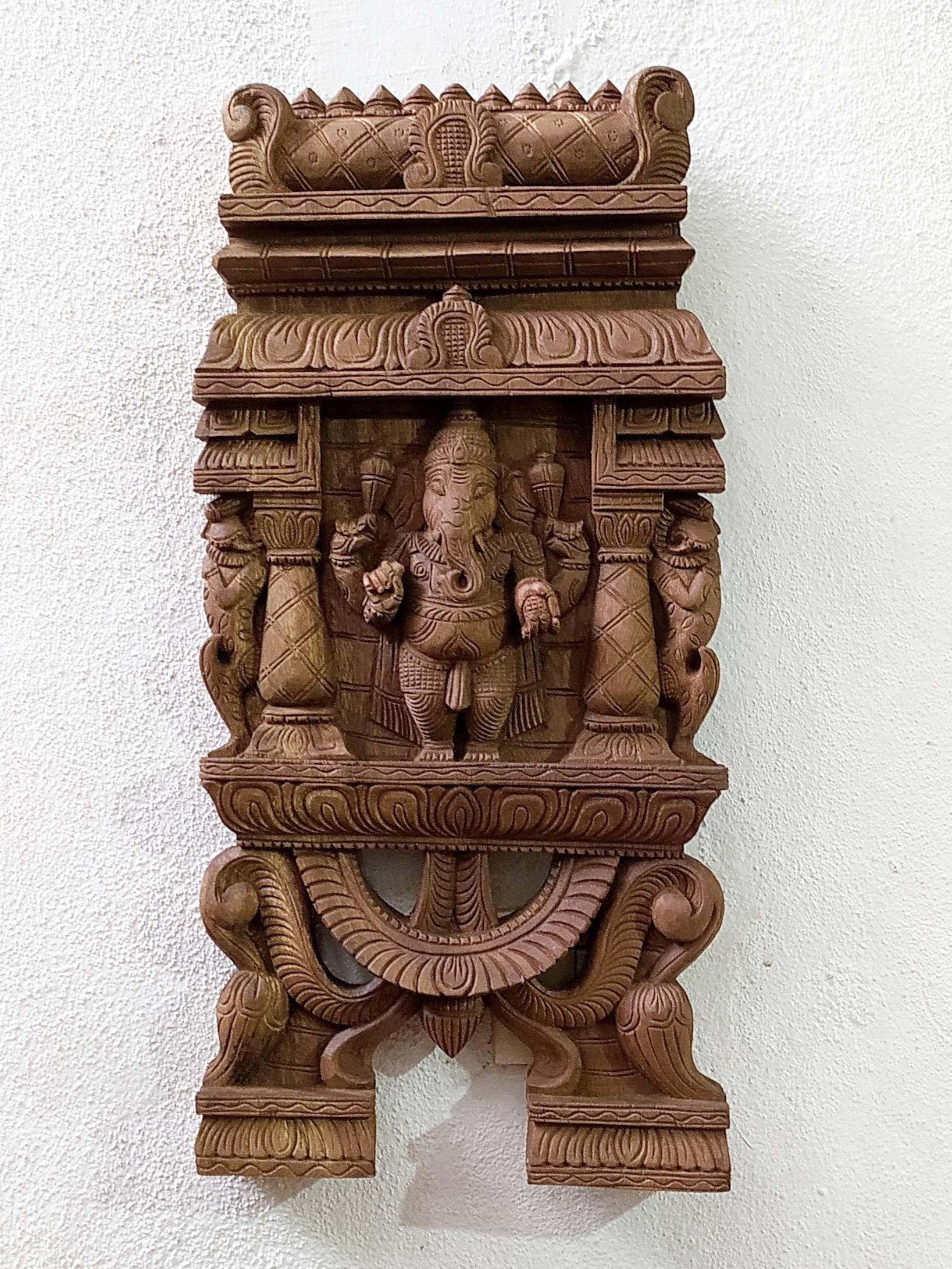 Handcrafted Wood Kavadi Panel Of Lord Ganesha - God Of Wisdom, Ht 60 cm x W 30 c