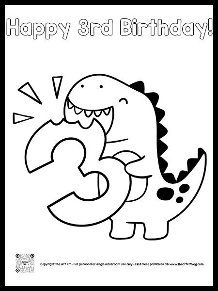 Happy 3rd Birthday Dinosaur Coloring Page {FREE PRINTABLE} in Bubble Font