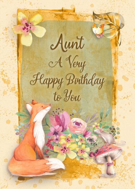 Happy Birthday Aunt Flowers &Amp; Animals Watercolor Nature Scene Card