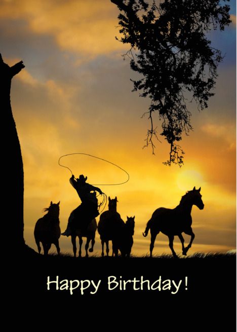 Happy Birthday Cowboy And Horses Round Up Custom Text Card