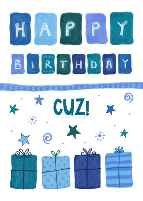 Happy Birthday Cuz (Cousin) Blue Patterned Gifts card