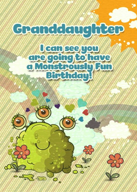 Happy Birthday Granddaughter Girly Cute 3 Eye Monster With Rainbow