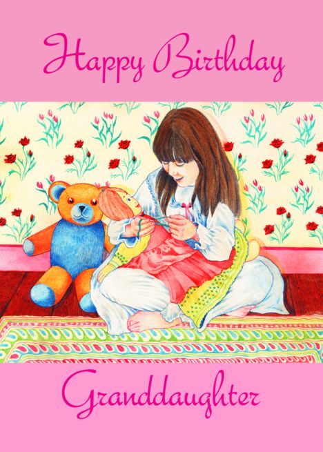 Happy Birthday Granddaughter, Girl With Doll And Teddy Bear Card