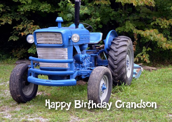 Happy Birthday Grandson, photo of old blue tractor card