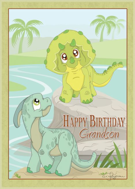Happy Birthday Grandson with Happy Dinosaur Cartoons card