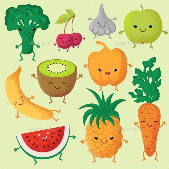 Happy Cartoon Fruits And Garden Vegetables