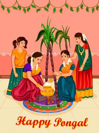 Happy Pongal religious traditional festival of Tamil Nadu India celebration vect
