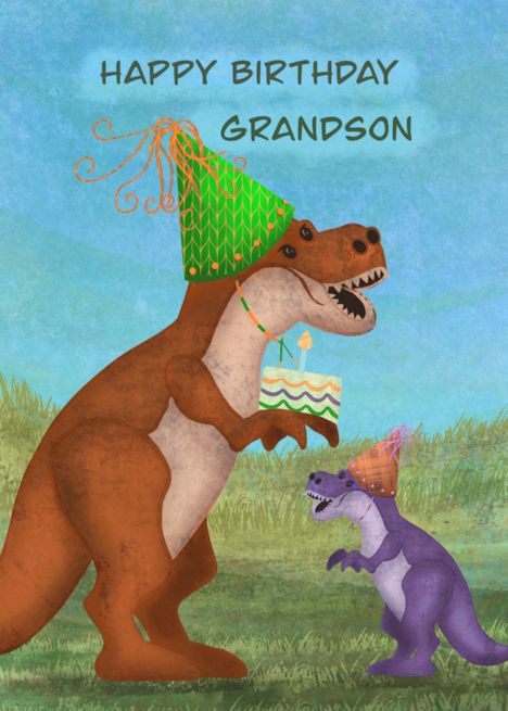 Happy birthday grandson dinosaurs party hats cake card