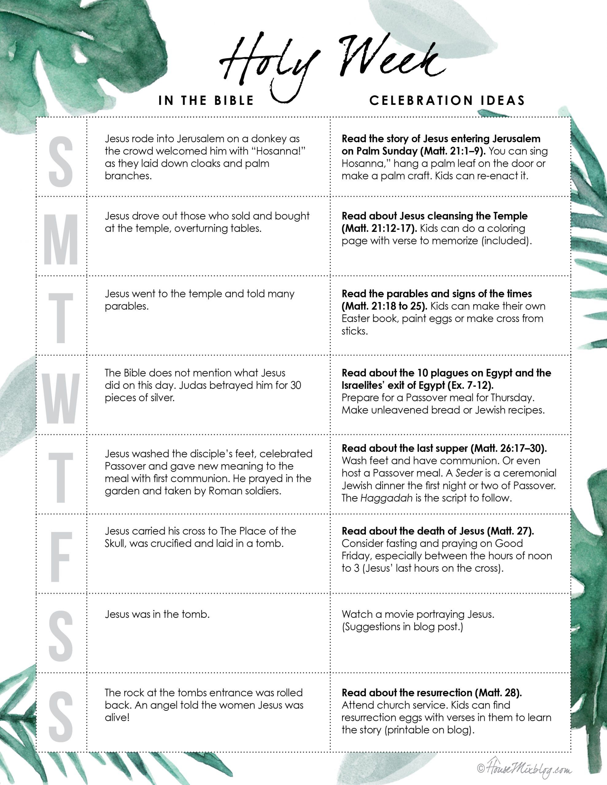 Holy Week activities for each day – printable